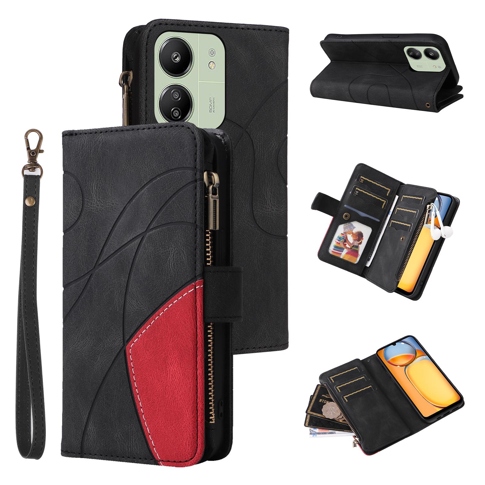 

Для Xiaomi Redmi 13C 4G/13C 5G/13R 5G/Poco M6 5G/Poco C65 4G Кожаный чехол с ремешком, молнией, 9 слотами для карт, чехол-подставка для телефона Black