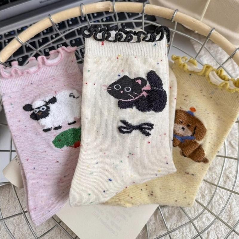 5 Pairs Autumn-Winter Cotton Mid-Tube Socks Ruffled Cartoon Design for Women