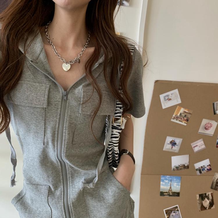 Korean Style Fish Scale Fabric Short-Sleeve Hooded Dress - 2023 Summer Slim Waist Trendy Long Design