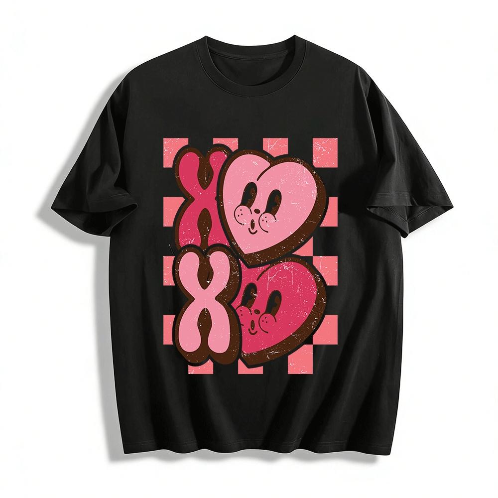 Vintage Heart XOXO Fun Print Couple Casual Short Sleeve T-Shirt Pure cotton T-shirt XXS