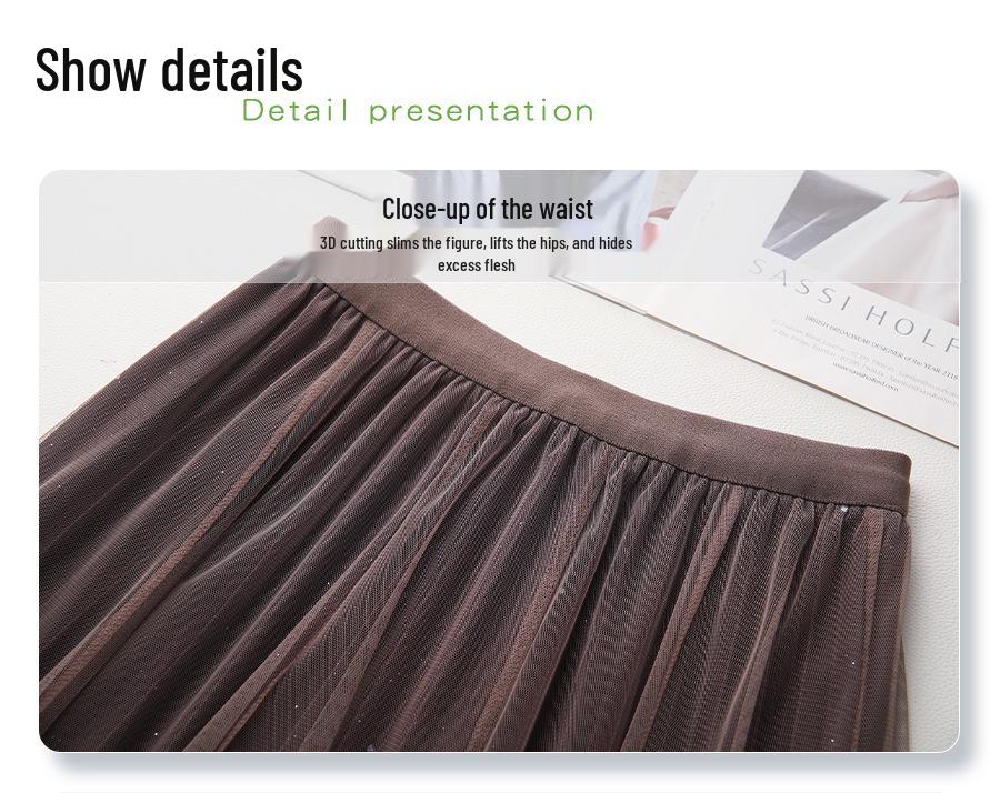 Verlauf Hohe Taille Plissee Midi Rock 2025 Damen Frühling/Herbst Mesh A-Linie Langer Rock
