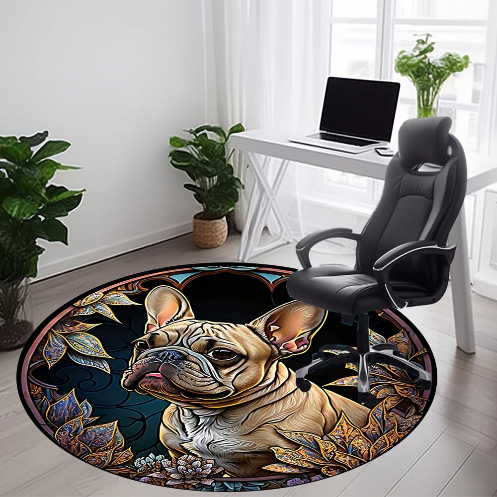 1PC Stained Glass Bulldog Office Round Area Rug, Mat Suitable ForOffice, Under Office Chairs Bedroom Living Room Home Decor, Room Deco