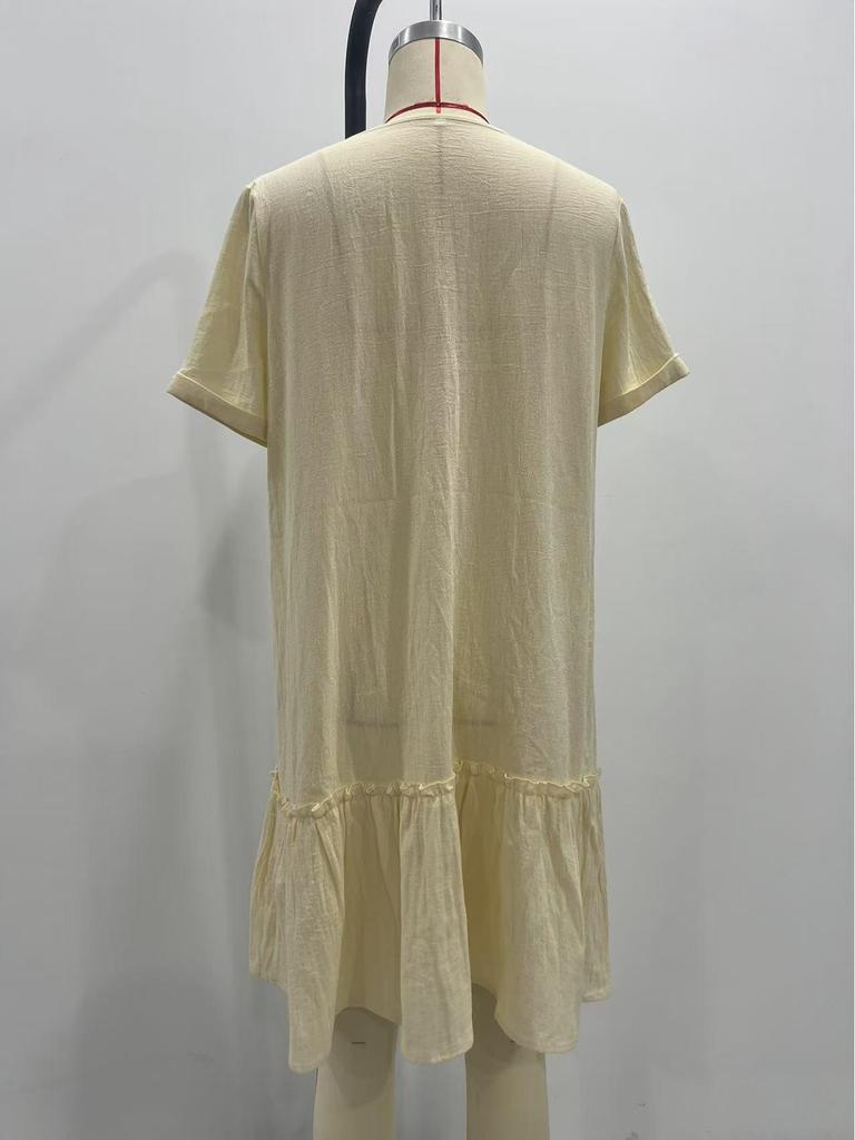 Women's Summer 2025 Casual Ruffle Hem Pocket Dress with Short Sleeves