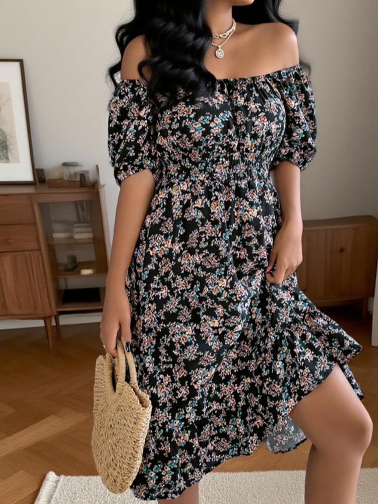 Summer New Arrivals Floral Square Neck Short Sleeve Ruched A-Line Skirt Women's Clothing