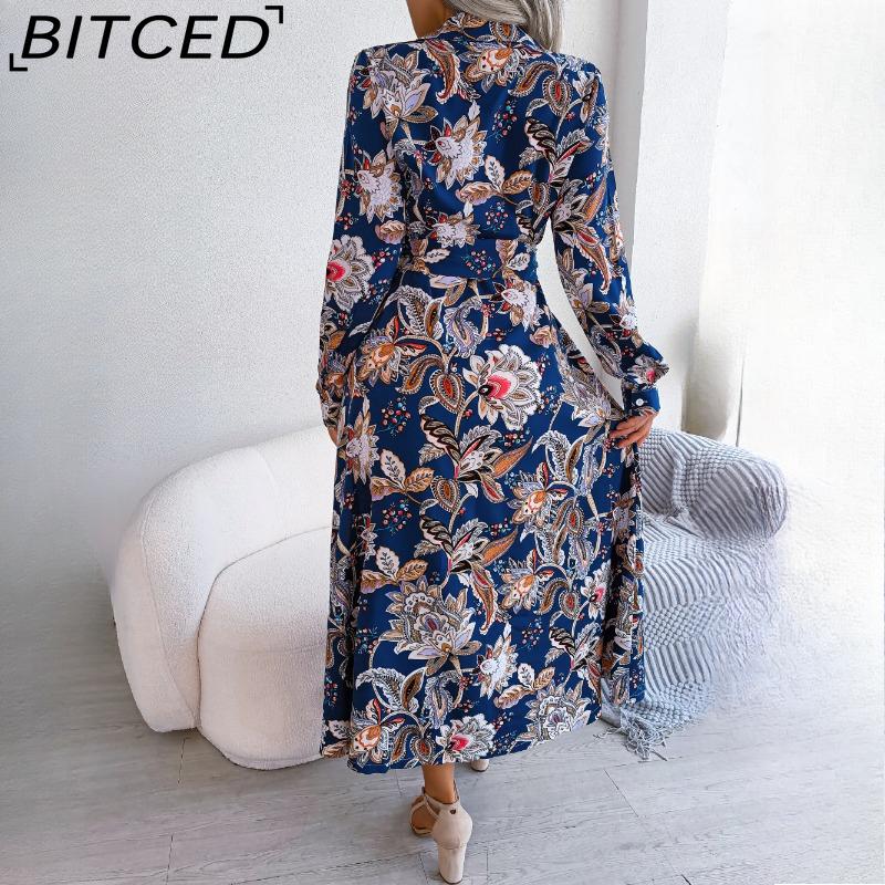 BITCED Women's Retro Floral Collar Long Sleeve Shirt Dress for Spring Summer