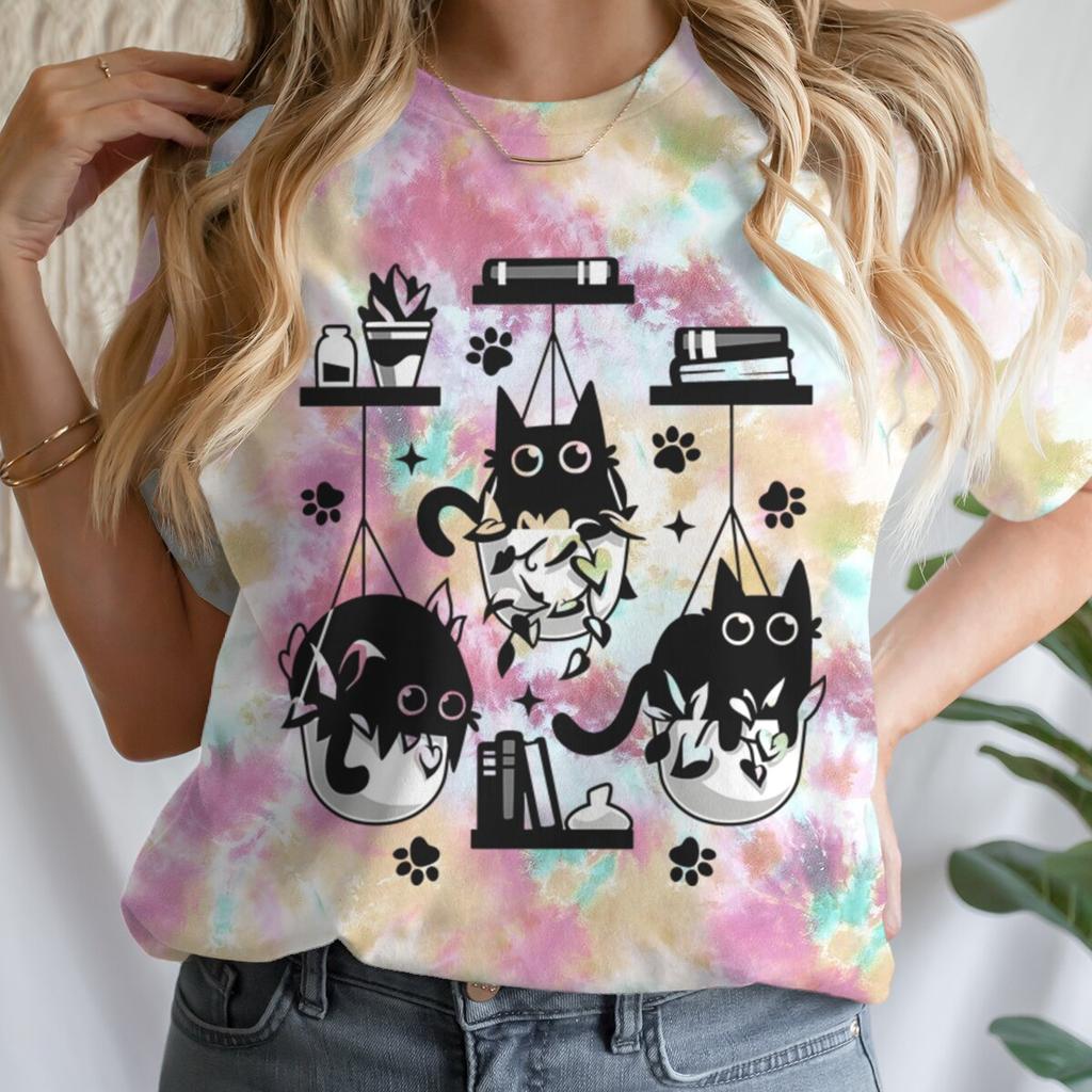 Women T-shirts New Ladies Casual Female Clothes Tops Black Cat Books Print Ladies Tees Tshirt Cartoon Graphic T-Shirt Clothing