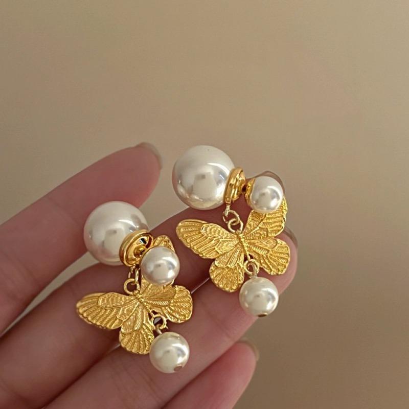 Real Gold Electroplated Silver Needle Freshwater Pearl Flower Earrings High-end Earrings French Light Luxury Elegant Earrings Women