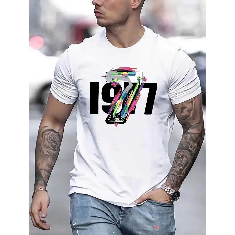 European Size 1977 Retro Alphabet Print T-Shirt for Men, Casual Crew Neck Short Sleeve Tee, Slight Stretch, Summer Fashion Top, Regular Fit