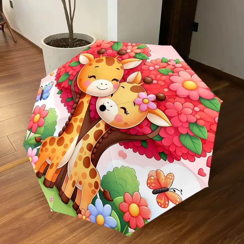 1pc Giraffe Love Automatic Open/Close Umbrella Compact Folding Umbrella with 8-Rib Shaft for Women/Men, Portable Travel Umbrella,1144S