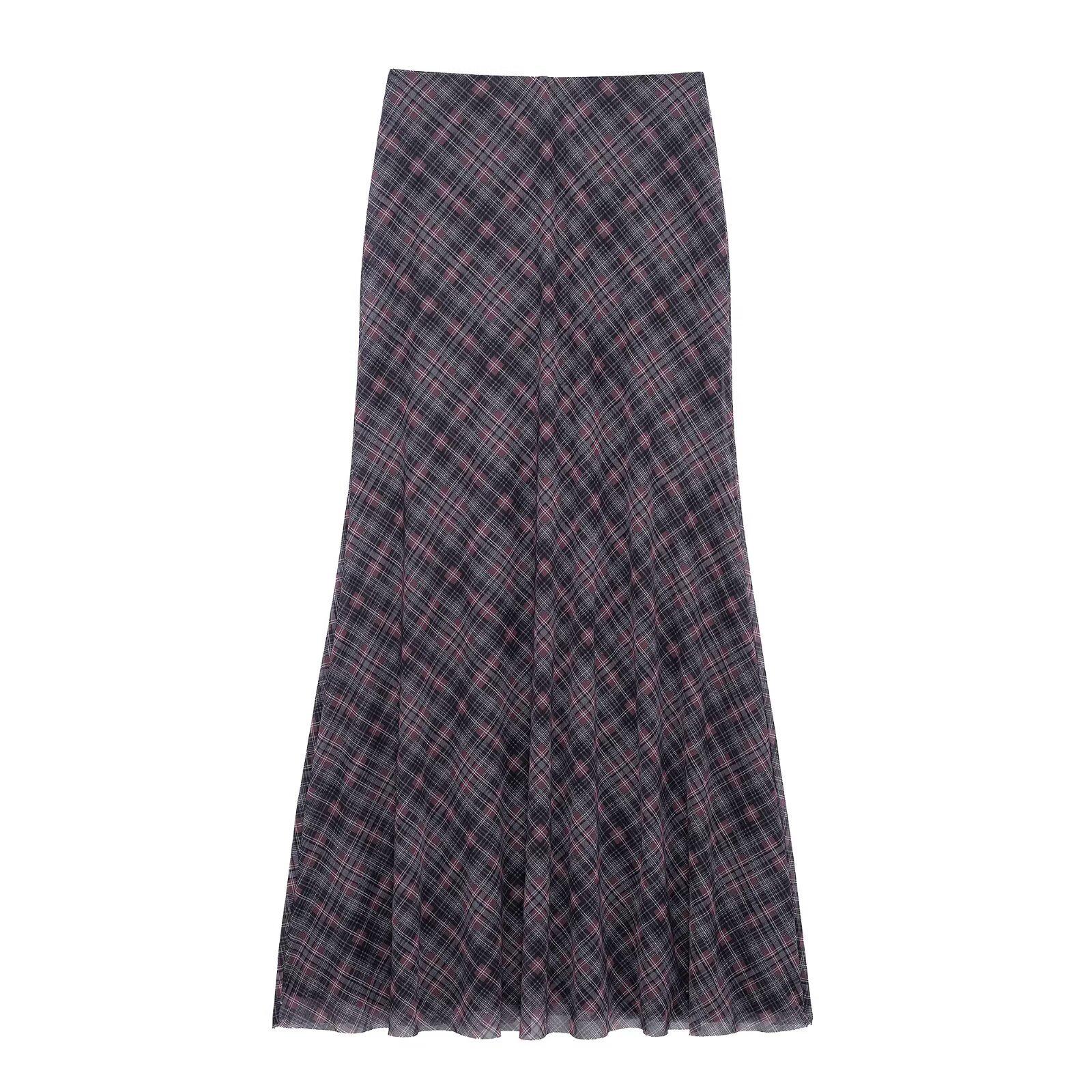 

2025 Spring Women s Street Fashion Plaid Tulle Midi Skirt S