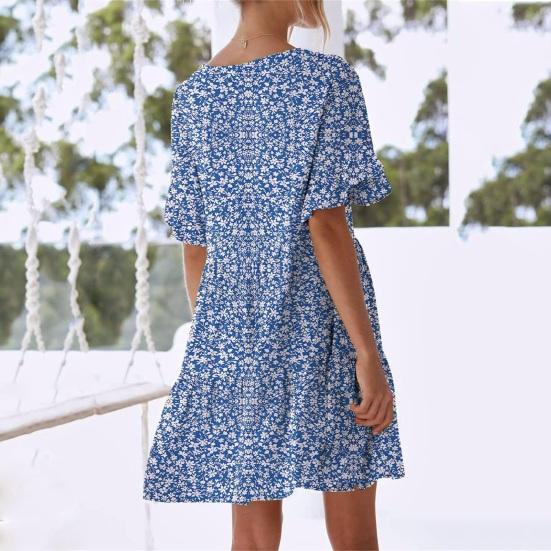 Women Summer Floral Midi Dress Casual V-Neck Ruffle Short Sleeve Flowy Dress Boho Beach