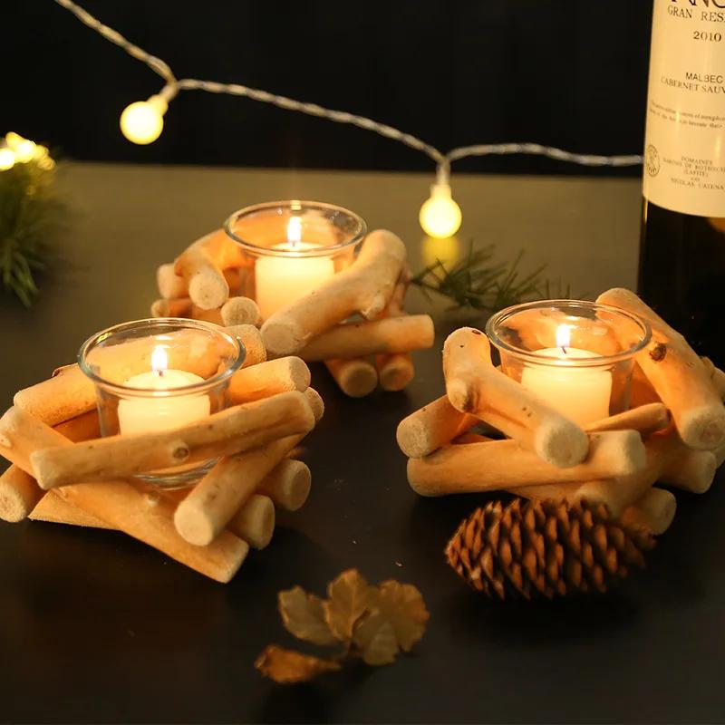 Handmade Wooden Tea Light Candle Holder with Glass Cup, Rustic Country Coastal Style for Farmhouse Home Decor Wedding Decoration