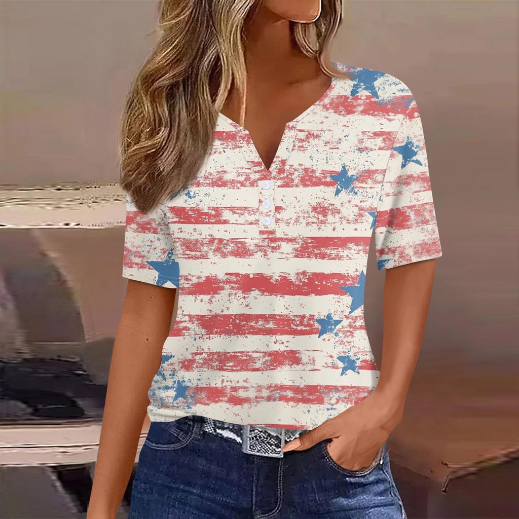 Women's T Shirt Tee Independence Day Print Button Short Sleeve Daily Weekend Fashion Basic V-Neck Regular Top