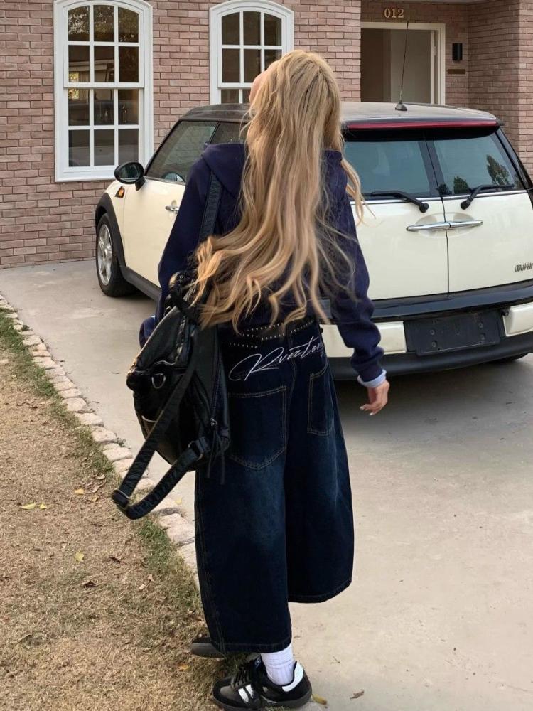 90s Plus Size American Embroidery Stitched Jeans Women Summer Loose Retro High Waisted Pants Y2k Design Wide Leg Cropped Shorts