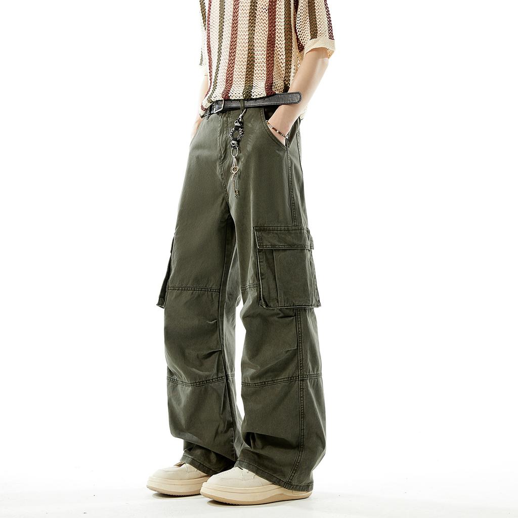 American retro heavy washed cotton casual pants niche design sense pinch pleated multi-pocket overalls loose straight-leg pants
