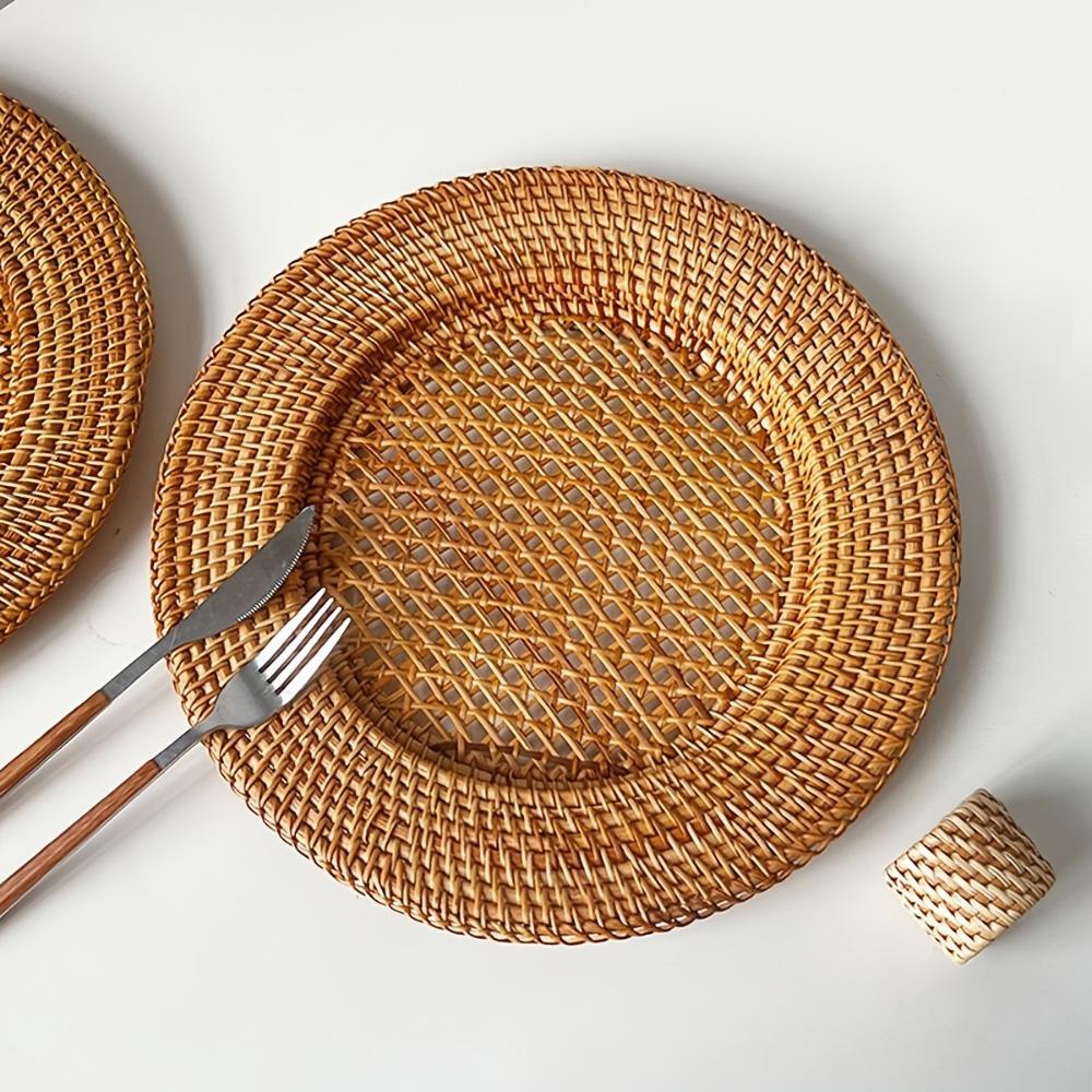 Vintage Tableware Mat Decorative Snack Serving Tray Nordic Handwoven Rattan Tray  Living Room