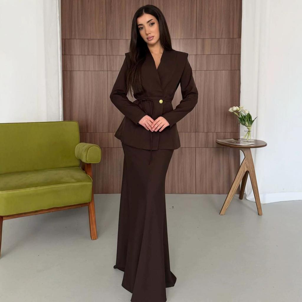 Spring and Autumn New European, American Amazon Cross-border V-neck Long Sleeve Suit Top Fishtail Skirt Set