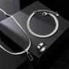Geometrisches quadratisches Anhänger-Halsketten-Set für Herren, schlichtes flaches kubanisches Kettenarmband & Ring, trendiges Hip-Hop-Schmuckset aus Edelstahl