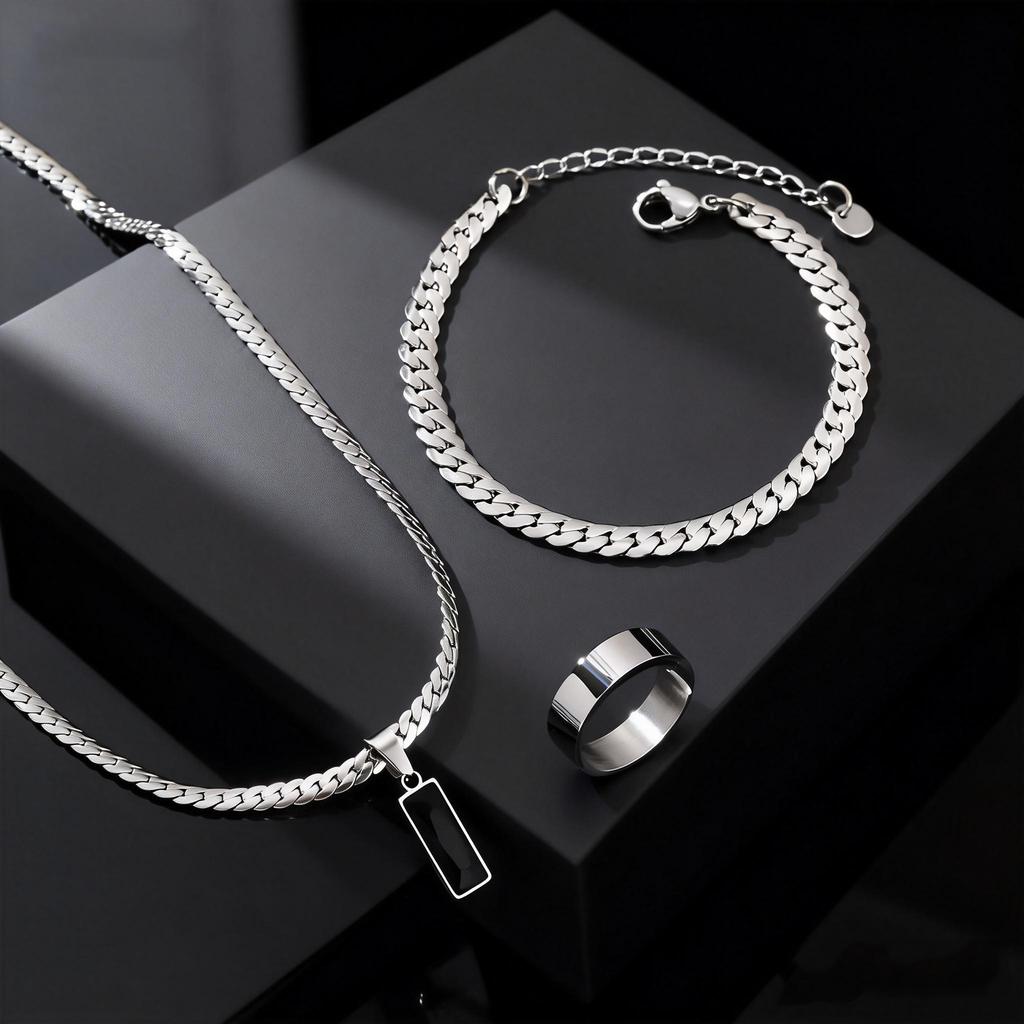 Geometrisches quadratisches Anhänger-Halsketten-Set für Herren, schlichtes flaches kubanisches Kettenarmband & Ring, trendiges Hip-Hop-Schmuckset aus Edelstahl