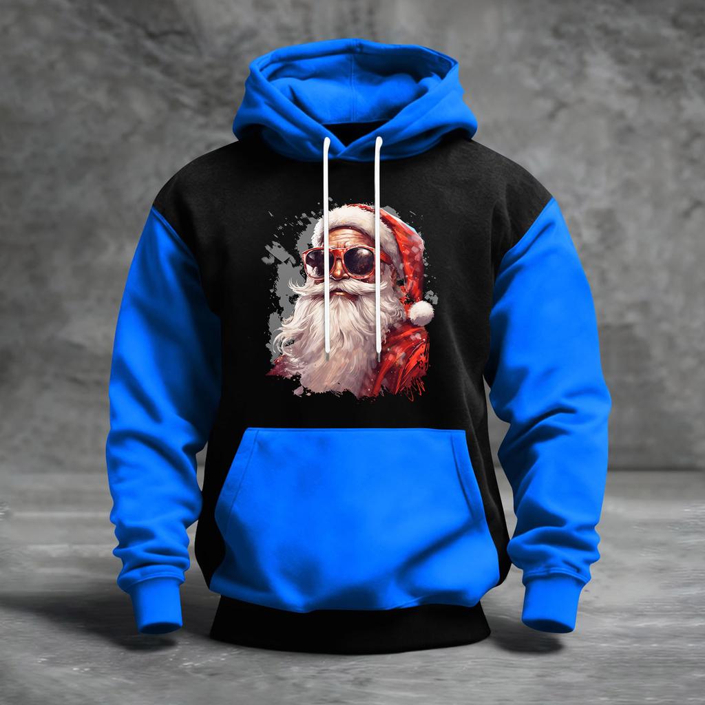 Erkek Noel Baskılı Renk Bloklu Kapüşonlu Günlük Spor Konfor Sweatshirt