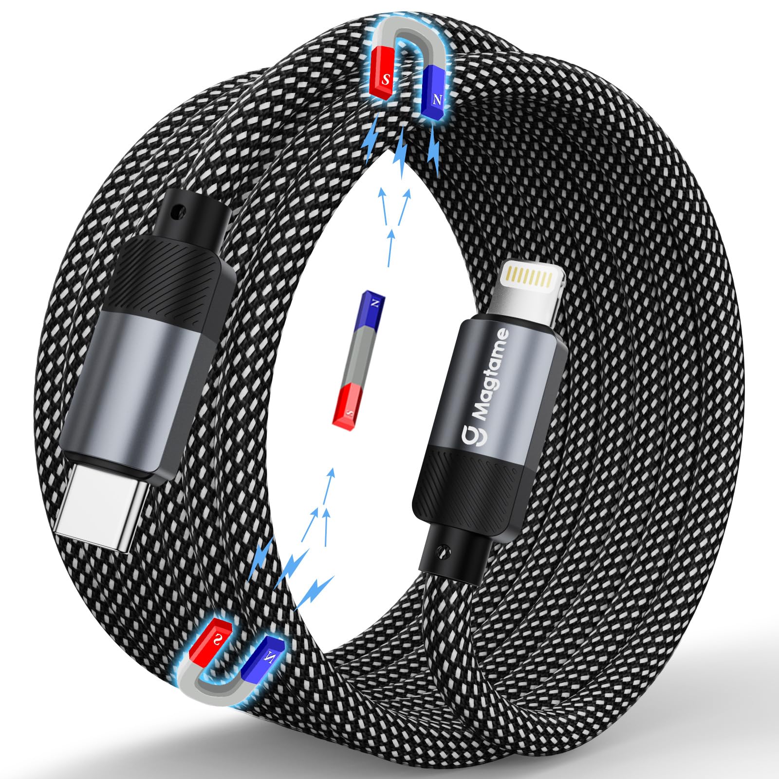 

Кабель Lightning Magtame с магнитным наконечником для зарядки iPhone (MFi), двойной, быстрая зарядка, совместим с iPhone и другими устройствами, 1,5 м, USB-C, самосматывающийся, Type-C