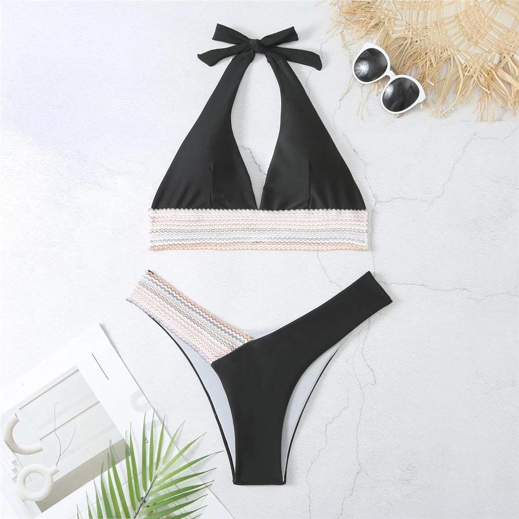S - XL 5 Color Splicing Halter V Neck Bikini Female Swimsuit Women Swimwear Two-pieces Bikini Set Bather Bathing Suit Swim