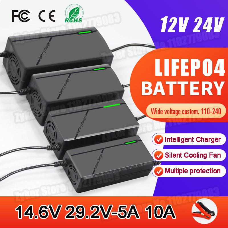 14.6 29.2V 5A 10A Lifepo4 Charger 12V 24V 4 8S 5 10A LiFePO4 High-quality 110-240V EU Charger For Lithium Iron Phosphate Battery
