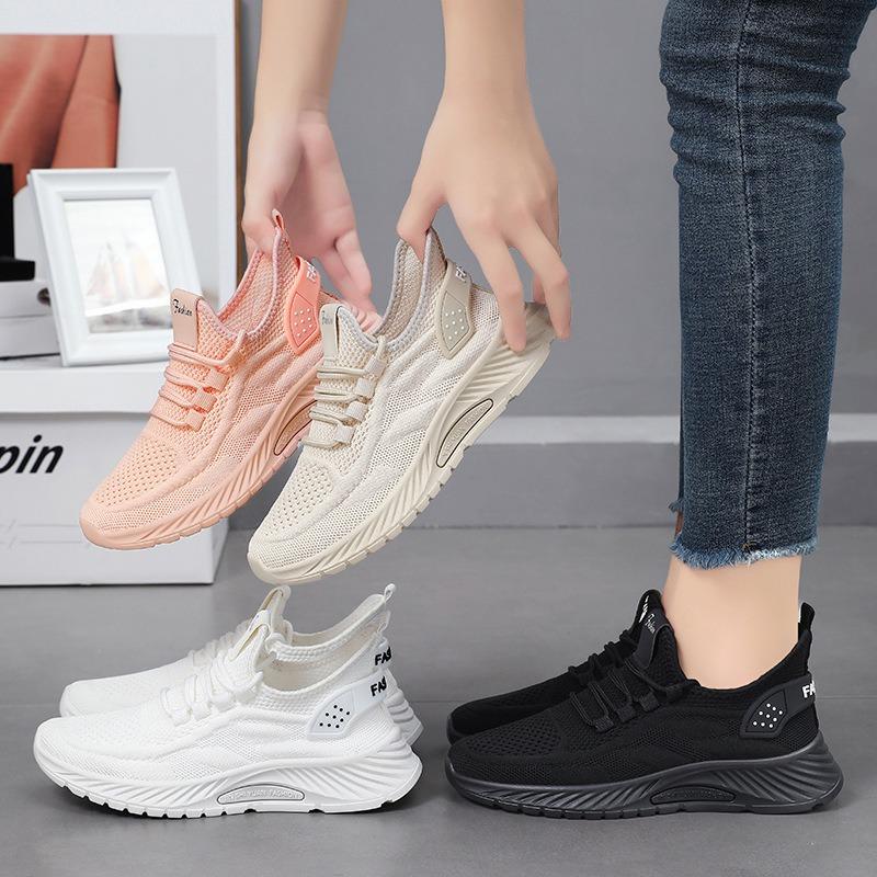 Women's Breathable Knit Mesh Casual Sports Running Shoes, Solid Color Versatile Trendy Footwear.