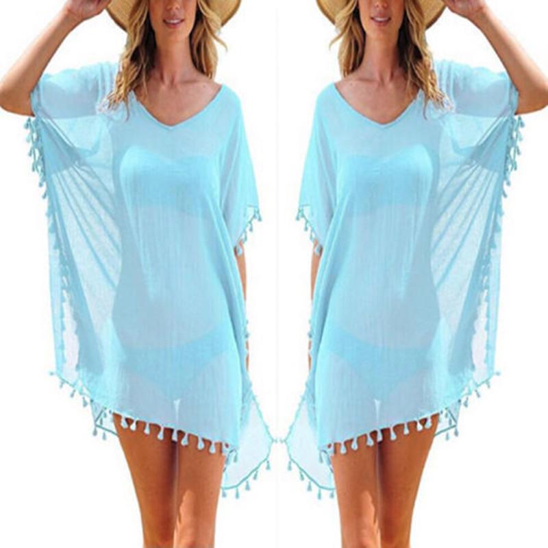 Summer Bikini Cover Up Chiffon Pompom Detail Hollow Crochet Swimsuit Cover-Ups Bathing Suit F Size