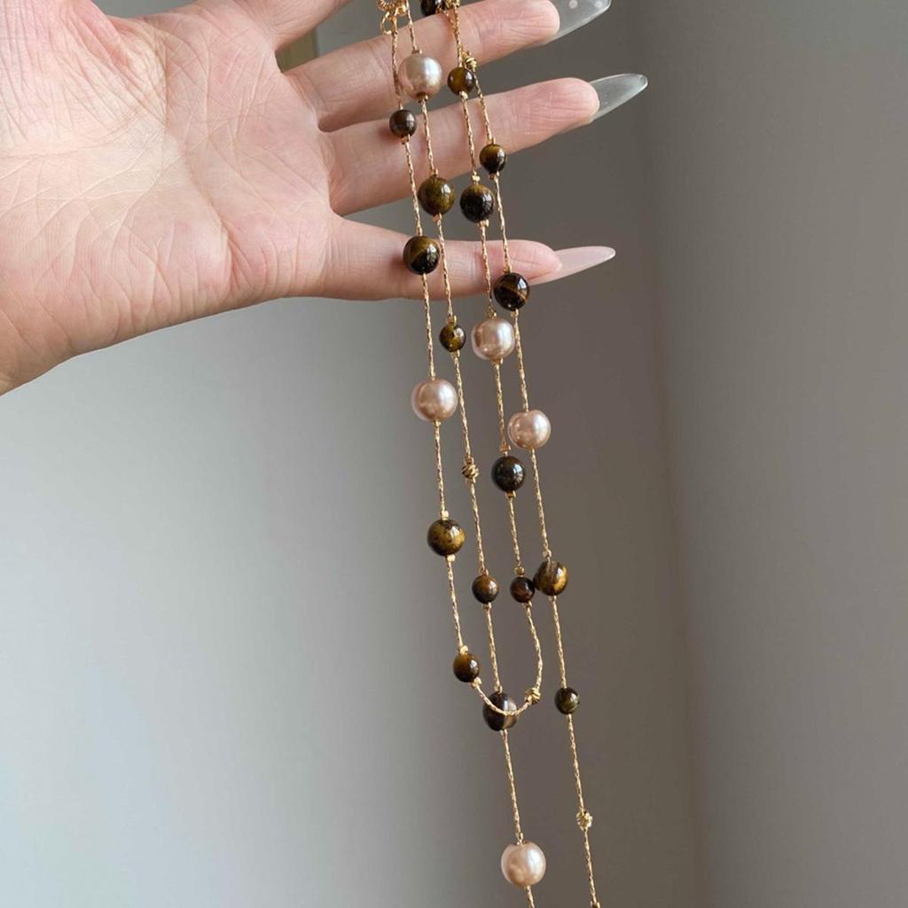 High-End Retro Tiger Eye Pearl Sweater Necklace for Women