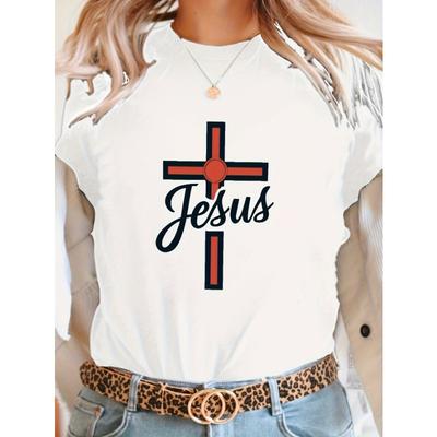 Women Pure T-shirt with White Religious Jesus Cross Pattern T-shirt Casual Church Outfit Christian Fashion Letter Pattern