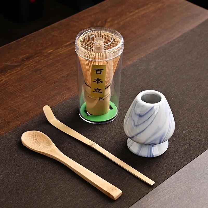 4 IN 1 Bamboo Matcha Powder Whisk Teaspoon Ceramic Bowl Tranditional Tea Matcha Whisk (Chasen)Sets Home Tea-making Accessories