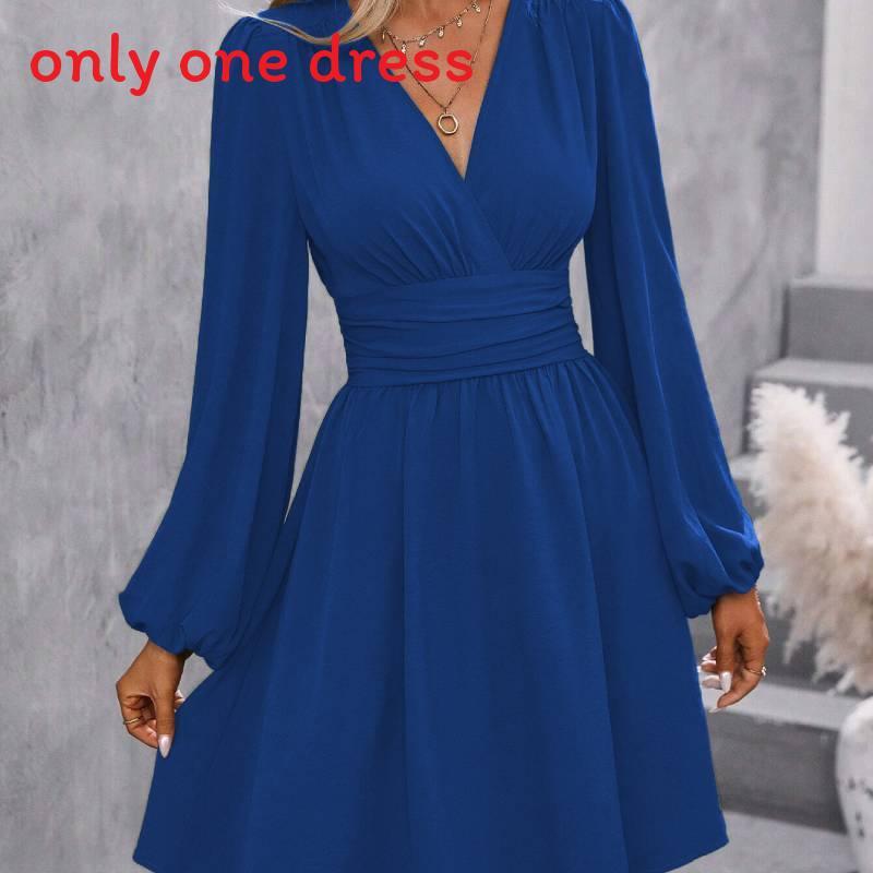 Polyester Vneck Lantern Sleeve Dress With Pleats For Casual And Party Wear