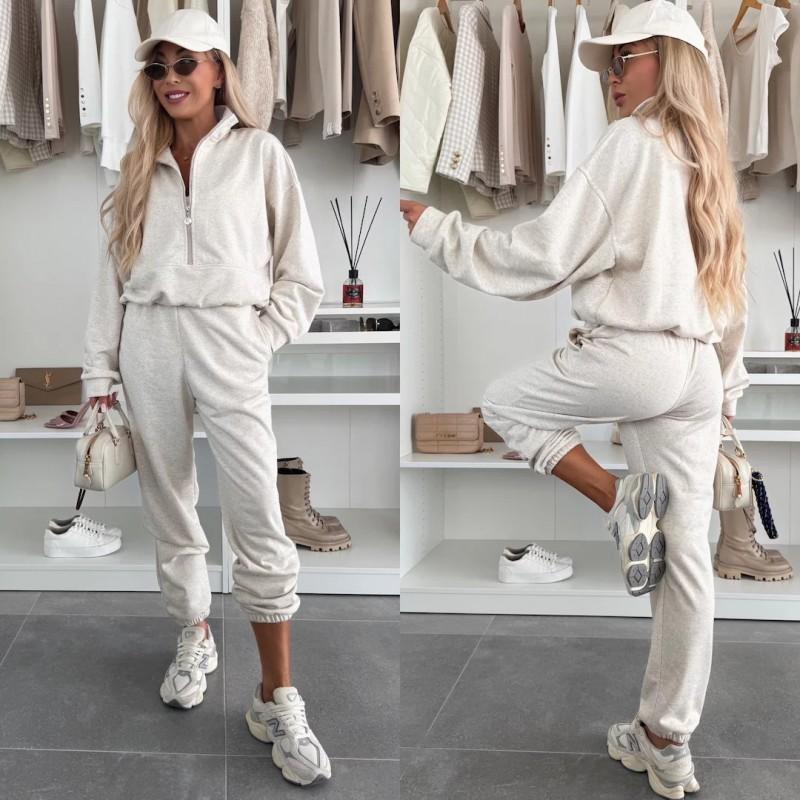 Womens 2-Piece Casual Tracksuit Solid Color Long Sleeve Zip Sweatshirt Elastic Waist Pants Streetwear