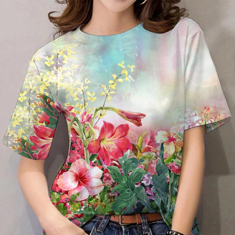 Women's T-shirt 3D Painted Flower Women's Casual O-neck T-shirt Basic Clothing Summer Women's Daily Life