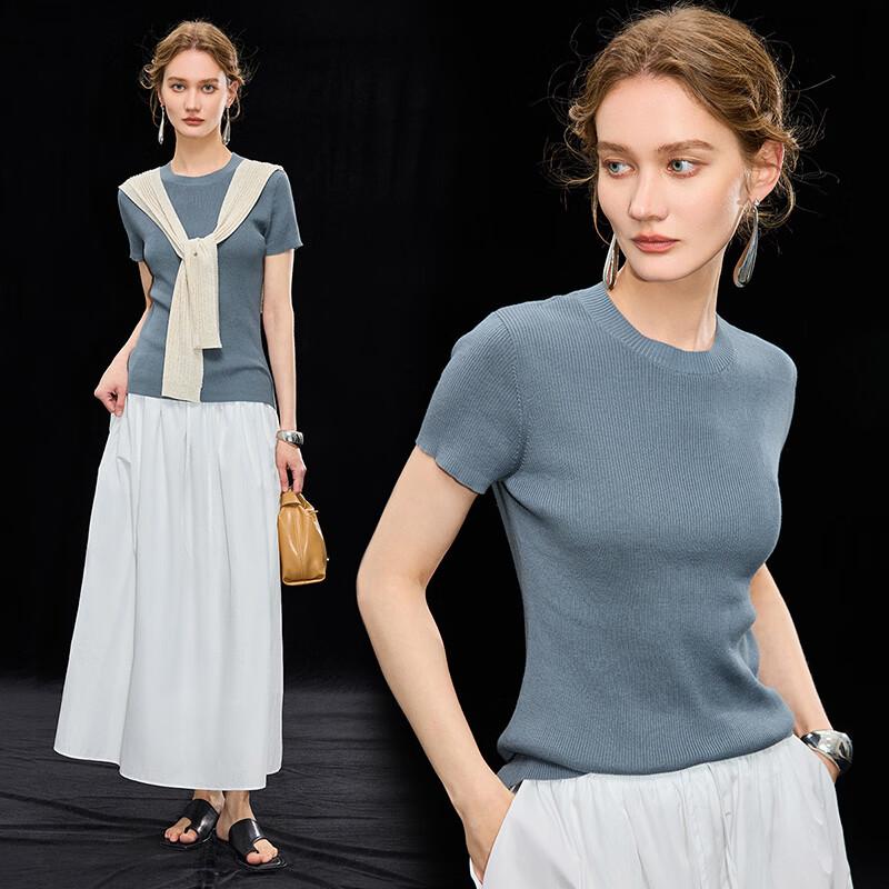 Wudao Mulberry Silk & Linen Blend Rib Knit Short Sleeve T-shirt L