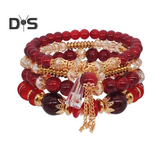 5-teiliges Damen-Armbandset mit Kunstkristallen, glatt, mit mehreren Anhängern, Schmuck im Retro-Boho-Stil mit elastischer Kordel, mehrlagiges stapelbares Armbandset