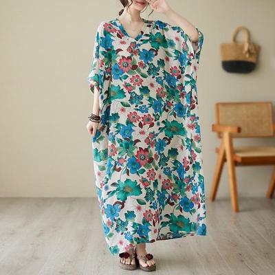 Short Sleeve Plus Size Cotton Vintage Floral New In Dresses for Women Casual Loose Maxi Long Summer Dress