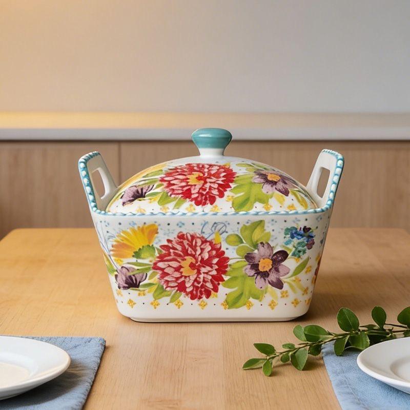 Große Keramik-Suppenschale mit Henkeln, Unterglasur, floral – Haus-Essgeschirr, Nudelschale