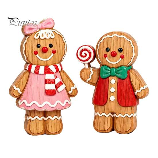 Christmas Gingerbread Man Ornaments Cartoon Wooden Ornament, Double-sided Printed Desktop Tabletop Figurines, Decorative Signs Craft for Home