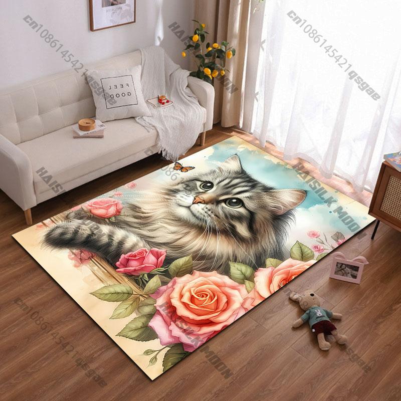 Cat surrounded by colorful flowers carpet Yoga living room room decor children s crawling mat doormat area rug games mat 40x60cm