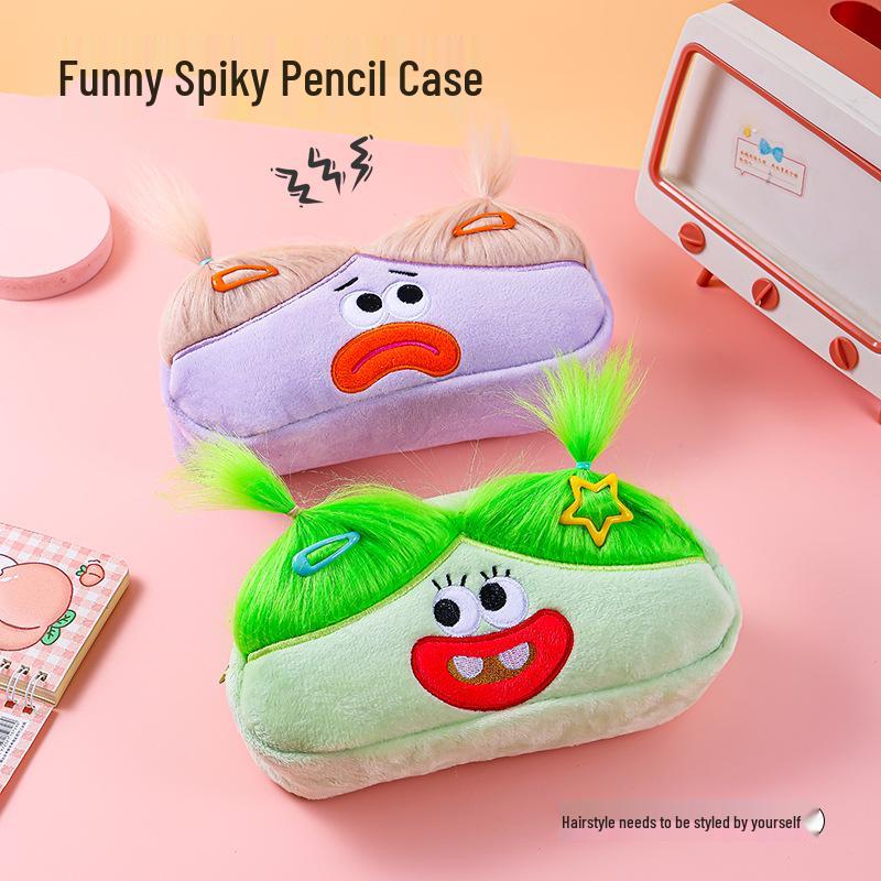 Frizzy Big-Eyed Monster Plush Pencil Case with Heart-Shaped Storage