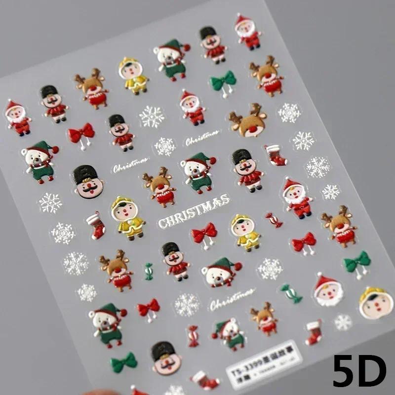 Gold Stamped White Christmas Tree Snowflake 3D Self Adhesive Nail Art Stickers Santa Claus Elk Xmas Cartoon Cute Manicure Decals