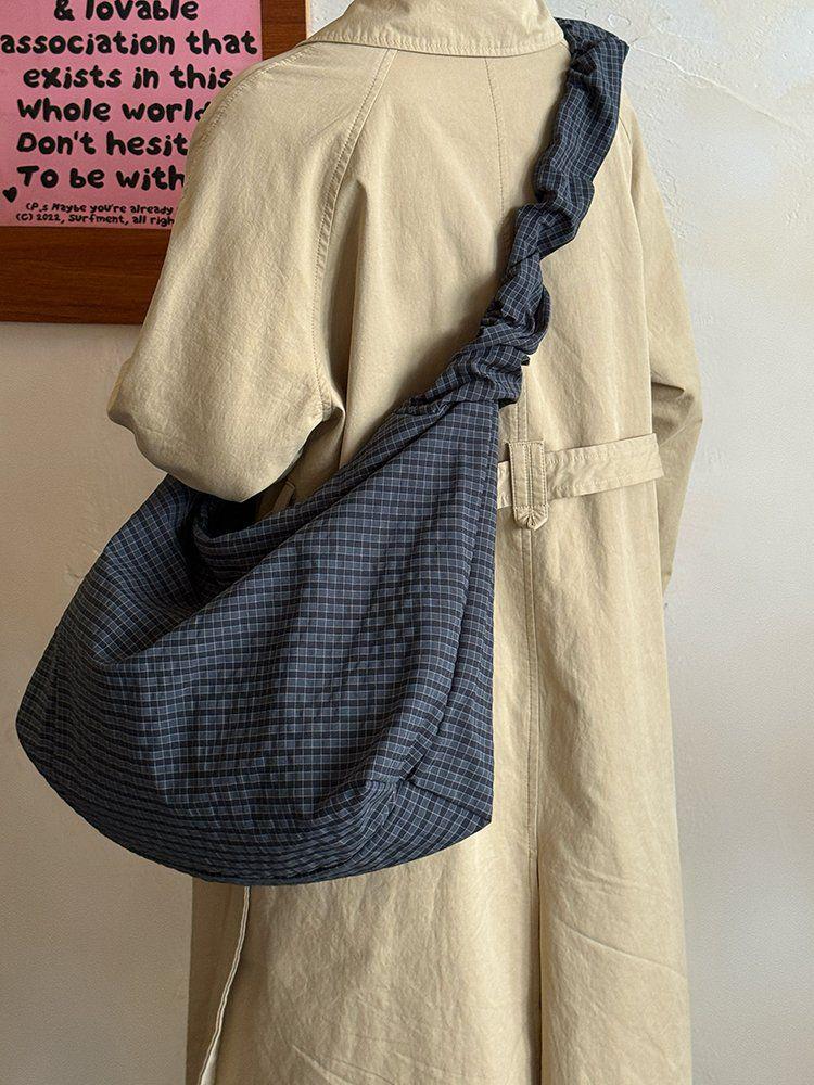 2025 Korean Retro Plaid Canvas Drawstring Tote - Large Commuter Shoulder/Crossbody Bag