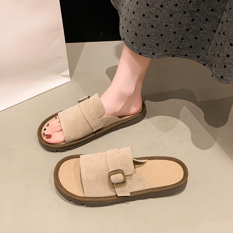 Fashion 2025Women's Flat Sandals Summer New Style Round Head Open Toe Cow Suede Metal Buckle Soft Sole Anti-slip Wear-resistant Slippers