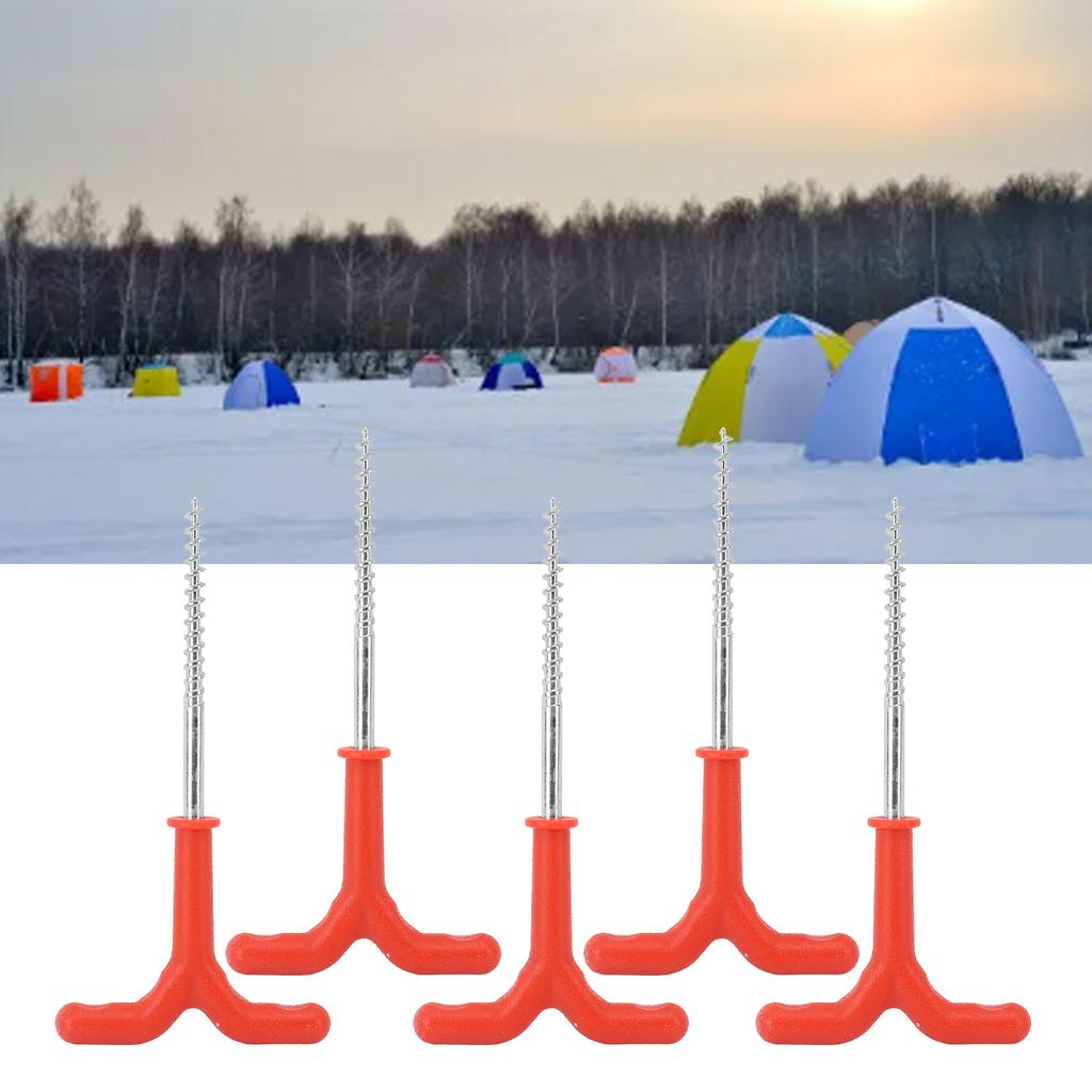 5 Pcs Ice Fishing Tent Pegs, Red Winter Anchors for Camping Shelter, 7.3 Inch Iron Screw Stakes with ABS Handle - High Visibility Ground Nail