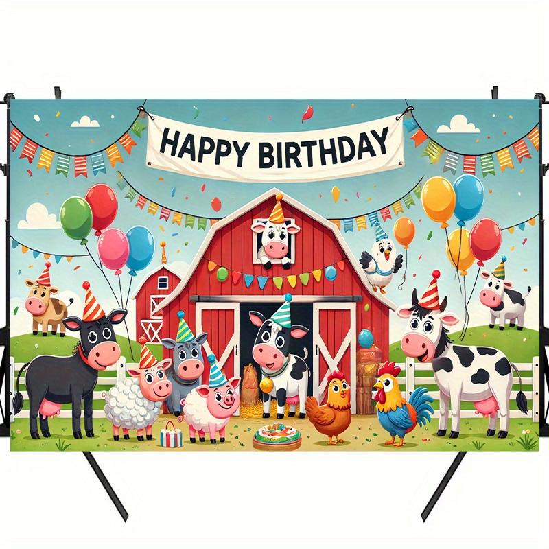 1pc Farm Animal Birthday Party Background - Vibrant Polyester Background, Barn, Cows, Chickens and Balloons, Cow Decorations