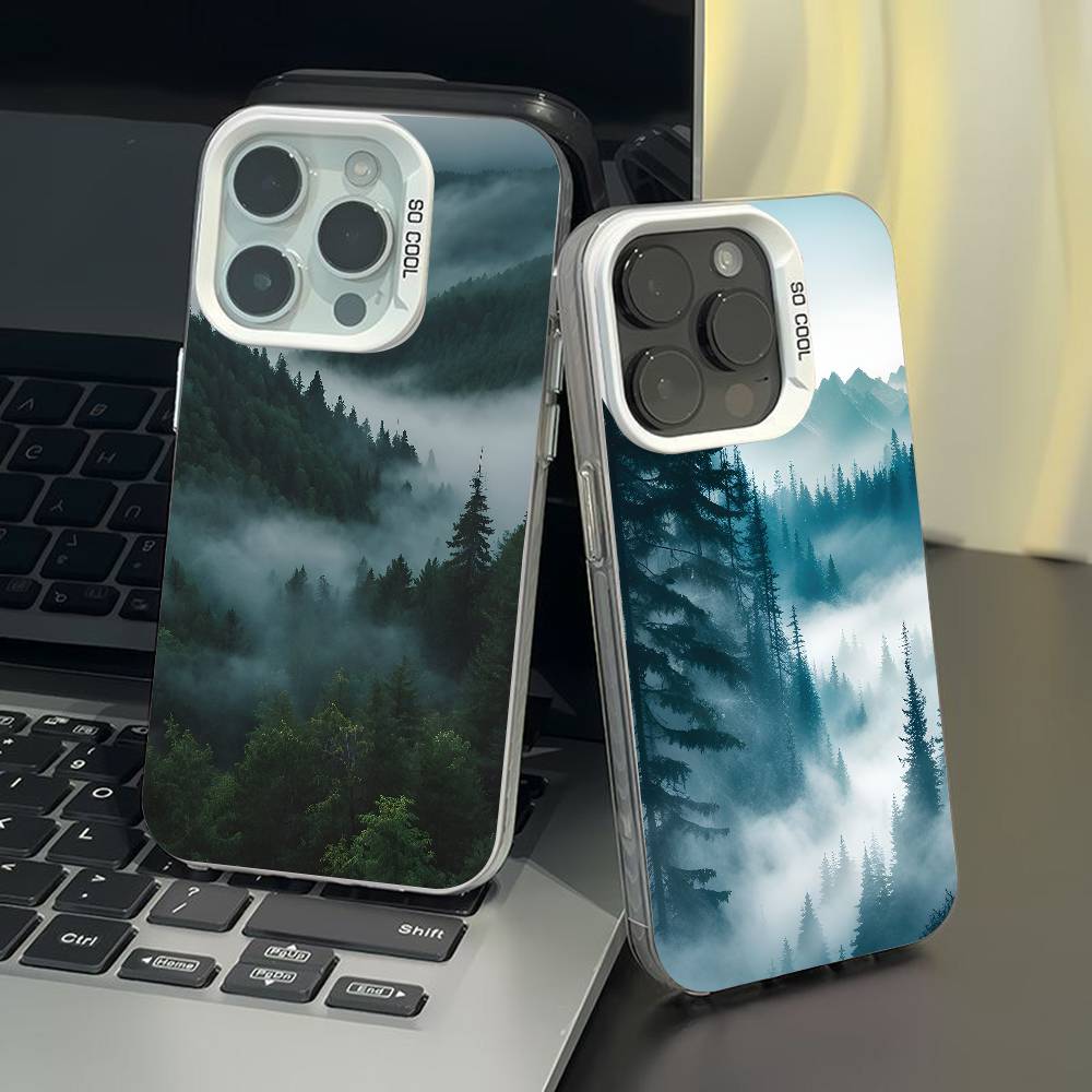 Mountain Misty Forest Phone Case for iPhone 17 17Air 16 15 14 13 12 11 Pro Max Plus Colorful Silver