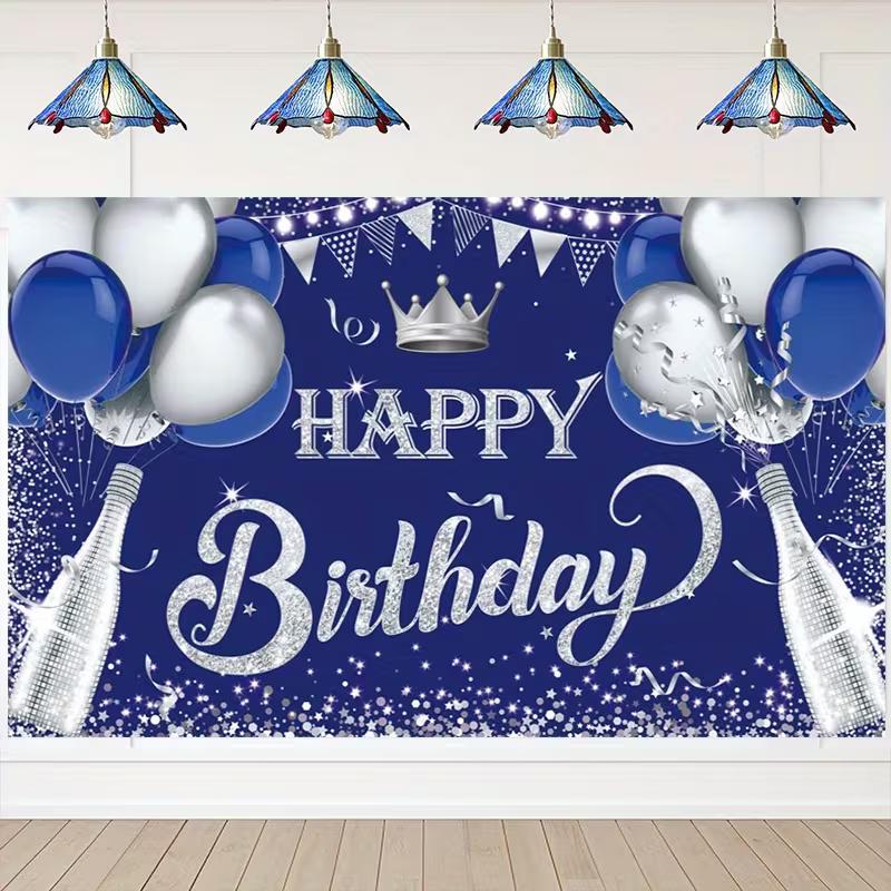 2D Glitter Silver Champagne Happy Birthday Backdrop Banner for Masculine Party Supplies