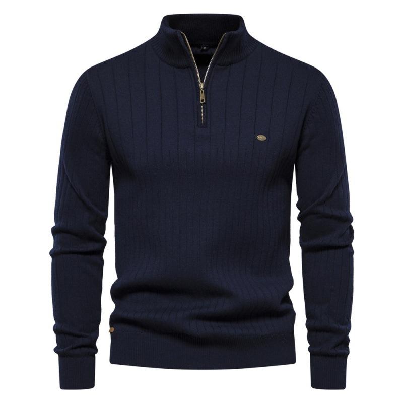 Men's Quarter Zip Up Sweater Cable Knit Sweater Mock Neck Polo Sweater for Men Warm Soft Casual Pullover Sweater with Ribbing Edge for Fall Winter